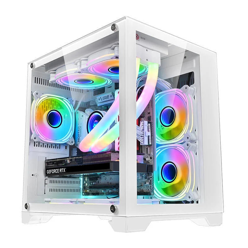 Robin Cube M-ATX/ITX Gaming PC Desktop Computer Case White with Side Tempered Glass Panels with 7 Fan Support (Fans not including)