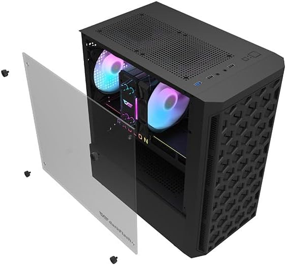 DarkFlash DK300M, Tempered Glass Computer Chassis, 0.45/0.4mm SPCC, M-ATX, ITX, HDD and SSD, USB 3.0x1, USB 2.0 x2, HD AUDIO and Power, 3 RGB Fans Pre-Installed, Black