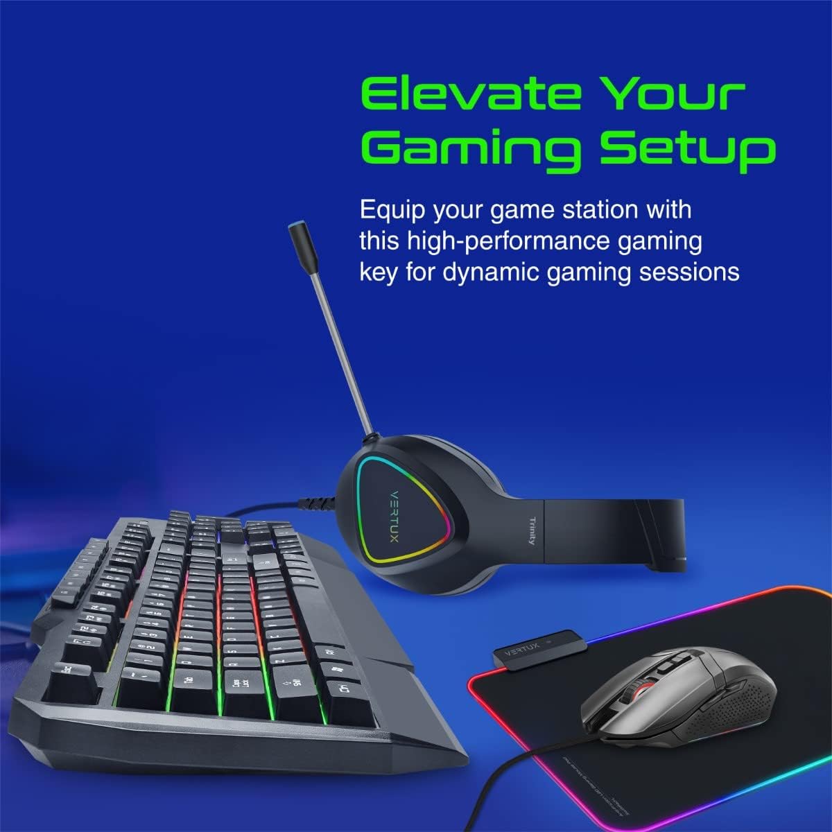 Vertu 4 In 1 Gaming Starter Kit, Rainbow Backlit Wired Gaming Keyboard & Mouse Combo, RGB Foldable Gaming Mouse Pad, Pro Gaming Over Ear Headset | Vertux kit