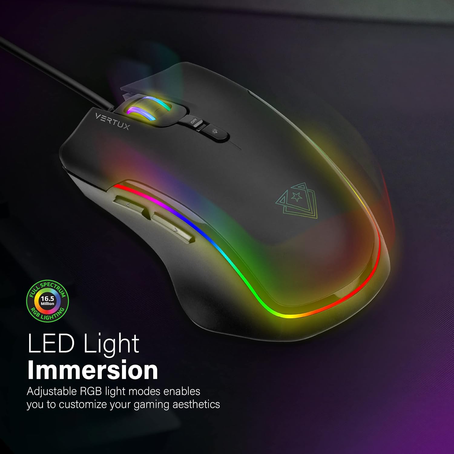 Vertux Assaulter Gaming Mouse Up to 10000 DPI Optical Sensor Lights Wired Optical Gaming Mouse Ultra Fast 10 Million Clicks Lightweight RGB Gaming Mouse Black