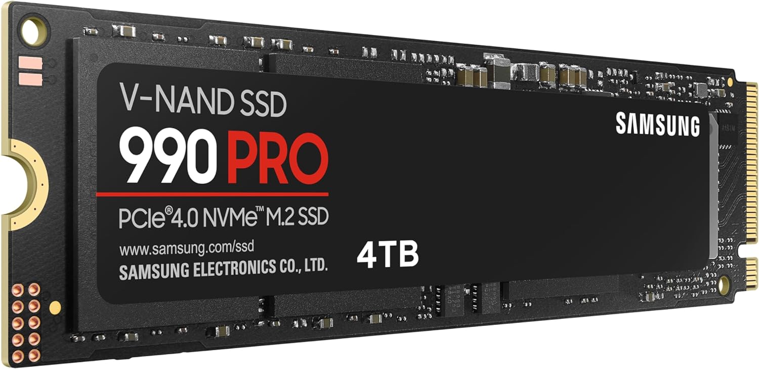 Samsung 990 Pro 4TB NVMe M.2 SSD, PCIe Gen 4.0, 7450 MB/s Sequential Read Speed, 6900 MB/s Sequential Write Speed, 3.3 Voltage, V-NAND 3-bit MLC MZ-V9P4T0BW