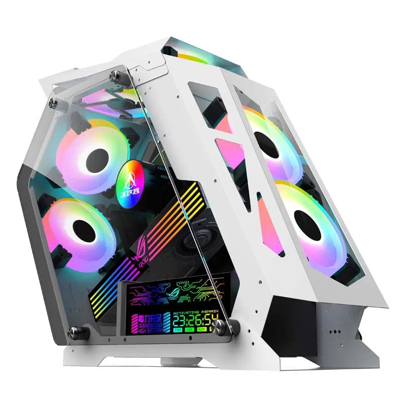 Open Type Desktop Computer Case Side Glass E-sports Chassis M-ATX Mainboard 6x120mm Fan and 240 Water Cooler support, Tempered Glass E-ATX Computer PC Case White