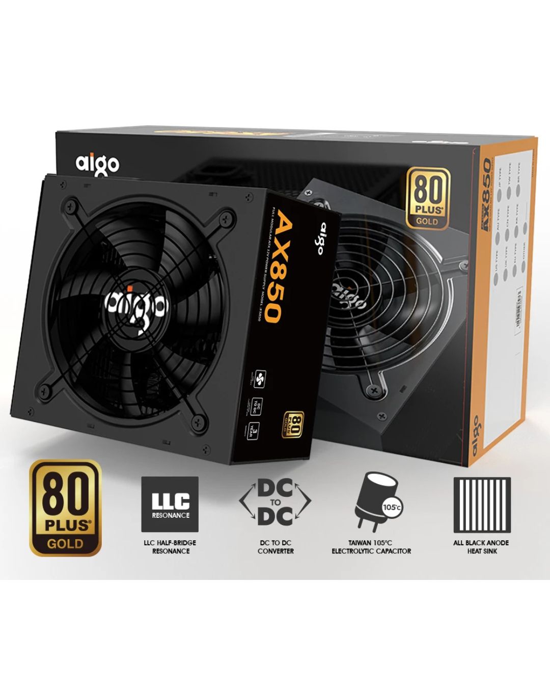 Aigo AX850 Power Supply 80 PLUS Gold Power Supply 850W PCIE 5.0 ATX 3.0 Full Modular 80Plus Gold Certified Game PSU