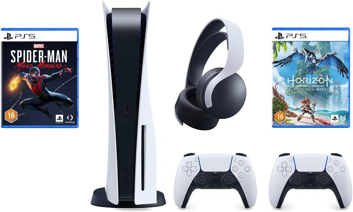 PlayStation 5 Disc Console with 3 Games PS5 Horizon Forbidden West, Spiderman Miles Morales, Extra Pulse 3D Wireless Headset and Extra Dualsense Controller Bundle