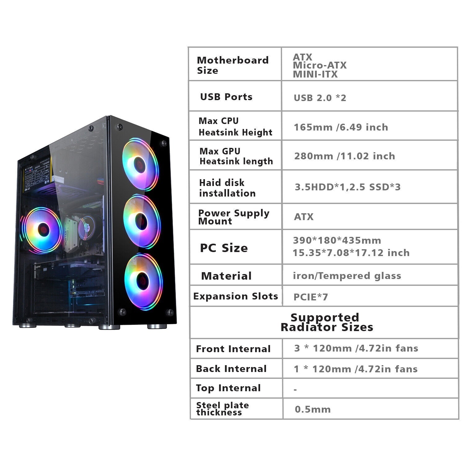AOK ATX/M-ATX/ITX Gaming PC Desktop Computer Case Black with Side Tempered Glass Panels with 4 Fan Support